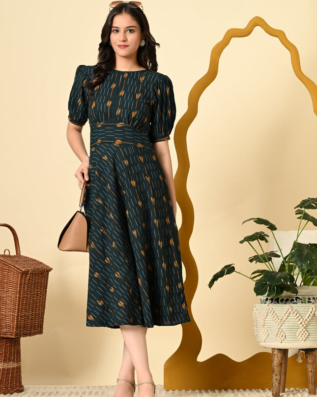 High Waist Belted Ikat Dress for Women