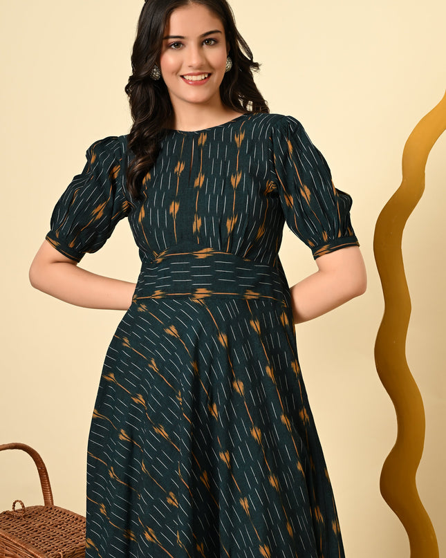High Waist Belted Ikat Dress for Women