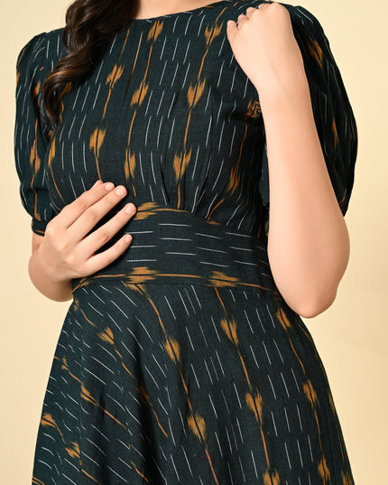 High Waist Belted Ikat Dress for Women