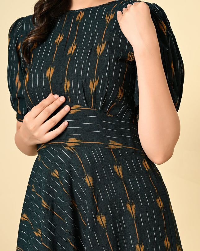 High Waist Belted Ikat Dress for Women