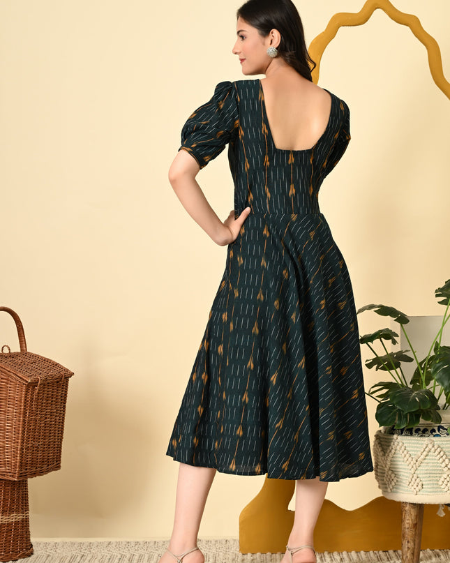 High Waist Belted Ikat Dress for Women