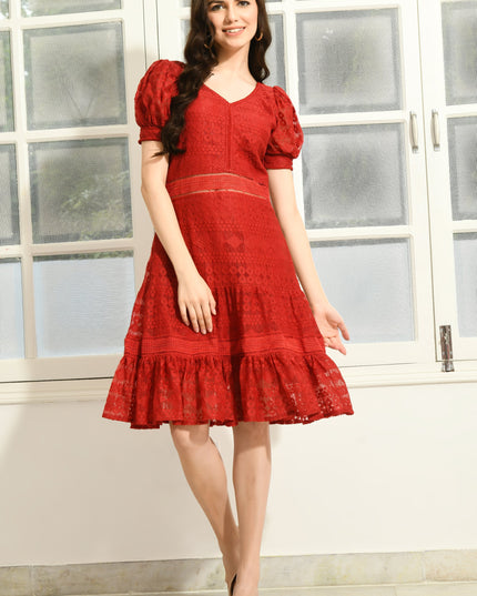 Red Frill Fit & Flare Dress Party Wear Style