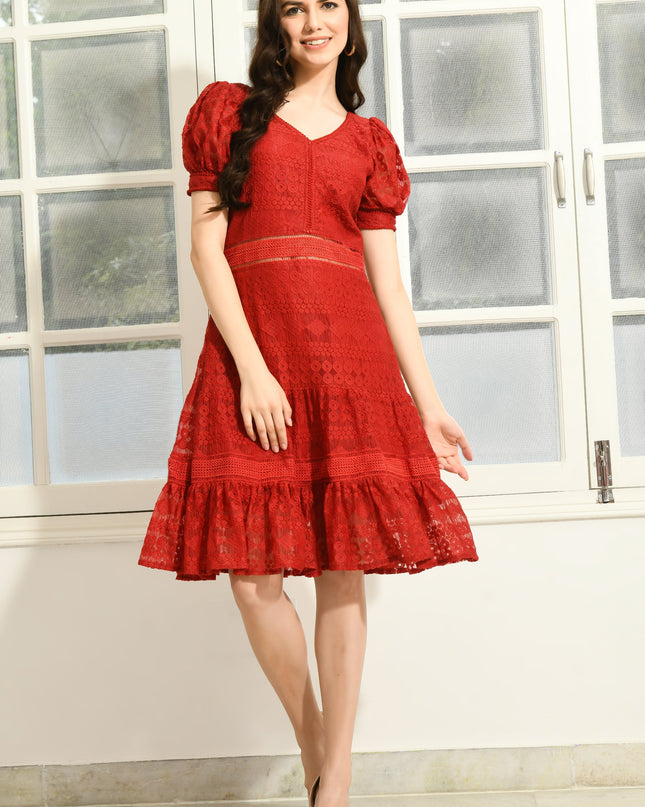 Red Frill Fit & Flare Dress Party Wear Style
