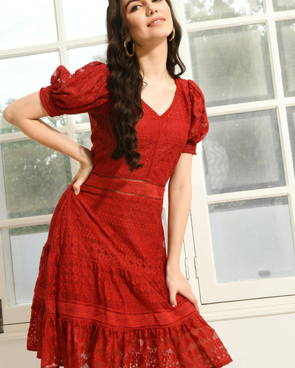 Red Frill Fit & Flare Dress Party Wear Style