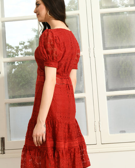Red Frill Fit & Flare Dress Party Wear Style