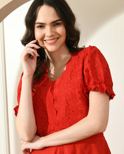 Red Hakoba Embroidered Dress for Women