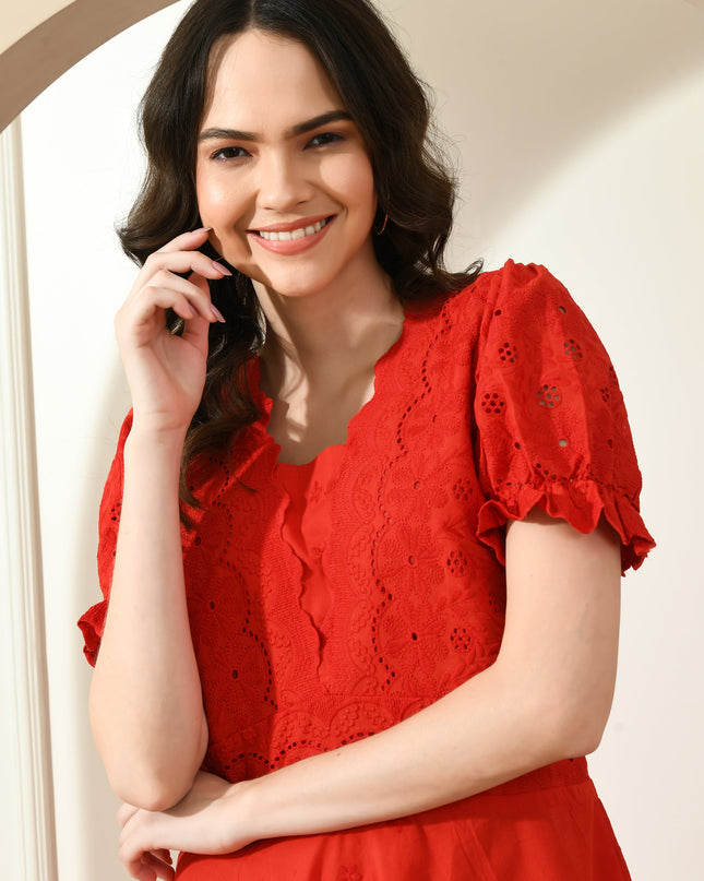 Red Hakoba Embroidered Dress for Women