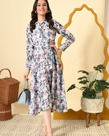 Collared Shirt Style Dress with Bell Sleeves