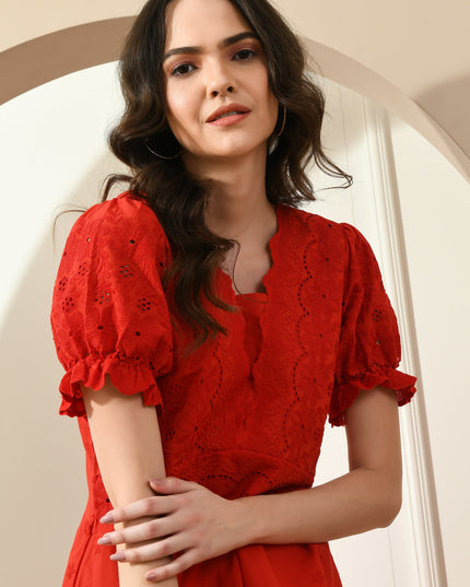 Red Hakoba Embroidered Dress for Women