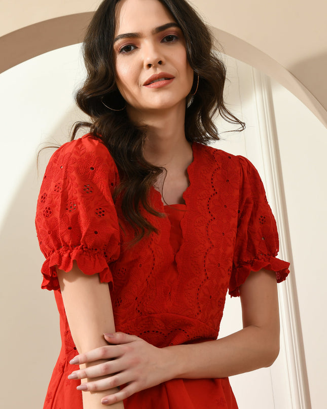 Red Hakoba Embroidered Dress for Women