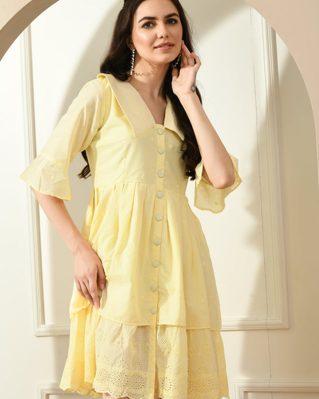 Elegant Yellow Cotton Hakoba Dress with Big Collar