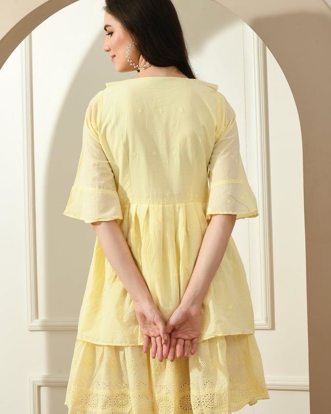 Elegant Yellow Cotton Hakoba Dress with Big Collar