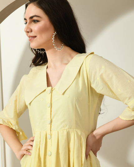 Elegant Yellow Cotton Hakoba Dress with Big Collar