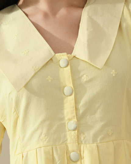 Elegant Yellow Cotton Hakoba Dress with Big Collar