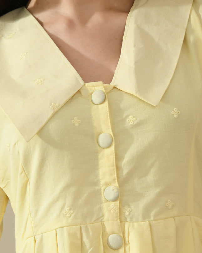 Elegant Yellow Cotton Hakoba Dress with Big Collar