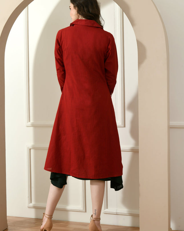 Red Slub Cotton Jacket Dress with Rayon Inner