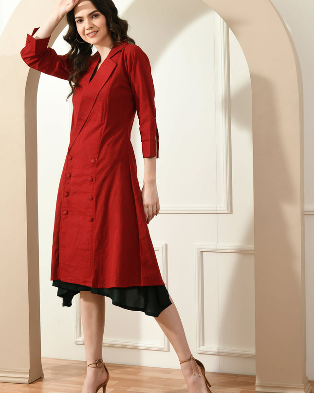 Red Slub Cotton Jacket Dress with Rayon Inner