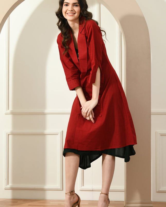 Red Slub Cotton Jacket Dress with Rayon Inner