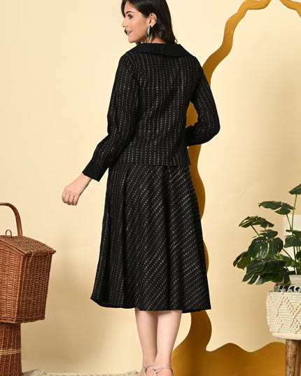 Black Printed Full Sleeve Jacket with Stylish Broad Collar