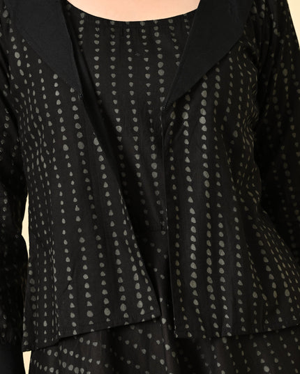 Black Printed Full Sleeve Jacket with Stylish Broad Collar