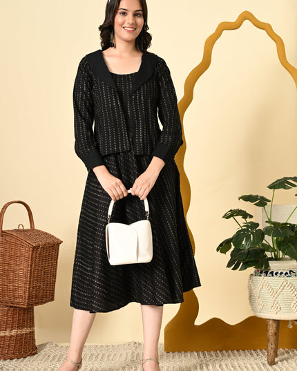 Black Printed Full Sleeve Jacket with Stylish Broad Collar