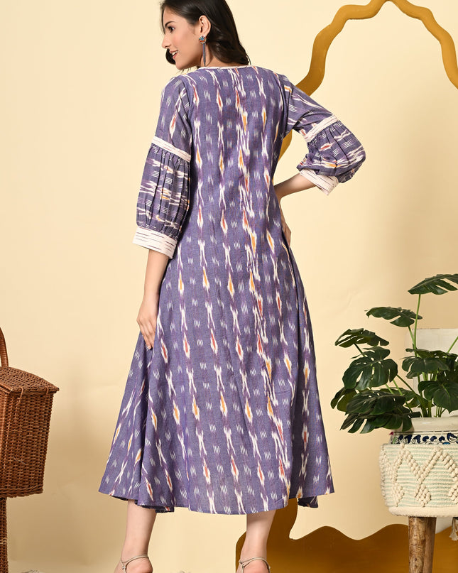 Lavender Ikat Cotton Long Jacket with Puff Sleeves for Women