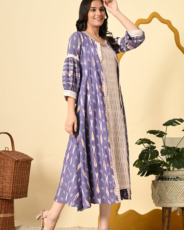 Lavender Ikat Cotton Long Jacket with Puff Sleeves for Women