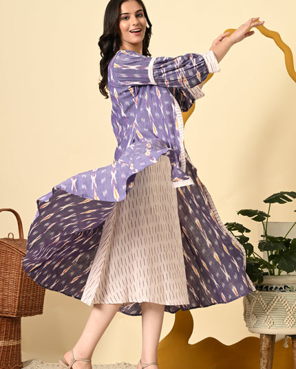Lavender Ikat Cotton Long Jacket with Puff Sleeves for Women