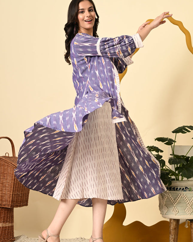 Lavender Ikat Cotton Long Jacket with Puff Sleeves for Women