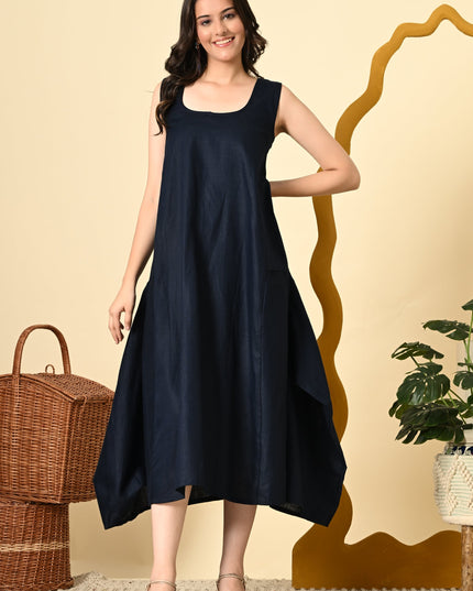 Midnight Linen Cowl Dress with High Low Jacket for Women