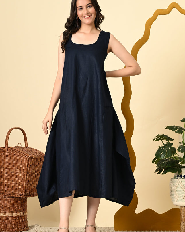 Midnight Linen Cowl Dress with High Low Jacket for Women
