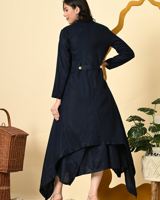 Midnight Linen Cowl Dress with High Low Jacket for Women