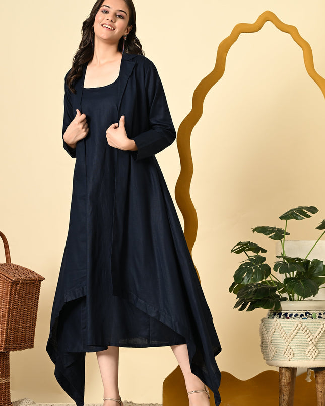 Midnight Linen Cowl Dress with High Low Jacket for Women
