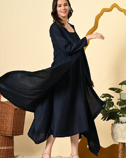 Midnight Linen Cowl Dress with High Low Jacket for Women