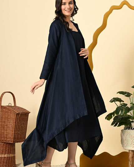 Midnight Linen Cowl Dress with High Low Jacket for Women