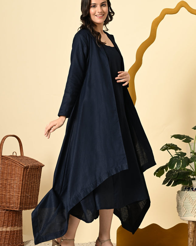 Midnight Linen Cowl Dress with High Low Jacket for Women