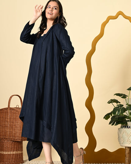 Midnight Linen Cowl Dress with High Low Jacket for Women