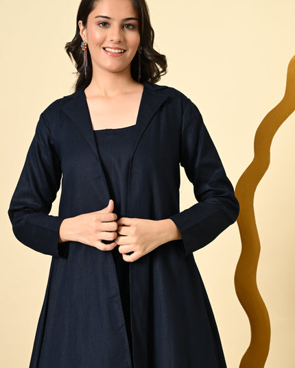 Midnight Linen Cowl Dress with High Low Jacket for Women