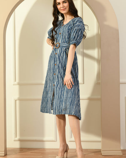 Stripe Puff Sleeve A-Line Dress for Women