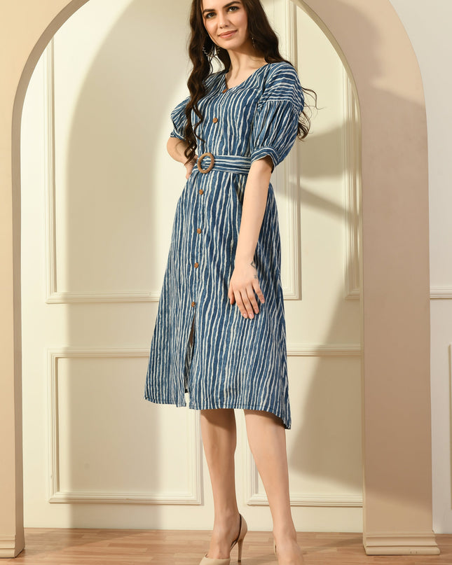 Stripe Puff Sleeve A-Line Dress for Women