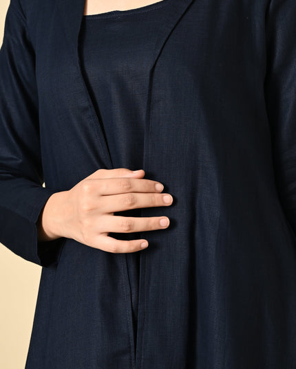 Midnight Linen Cowl Dress with High Low Jacket for Women