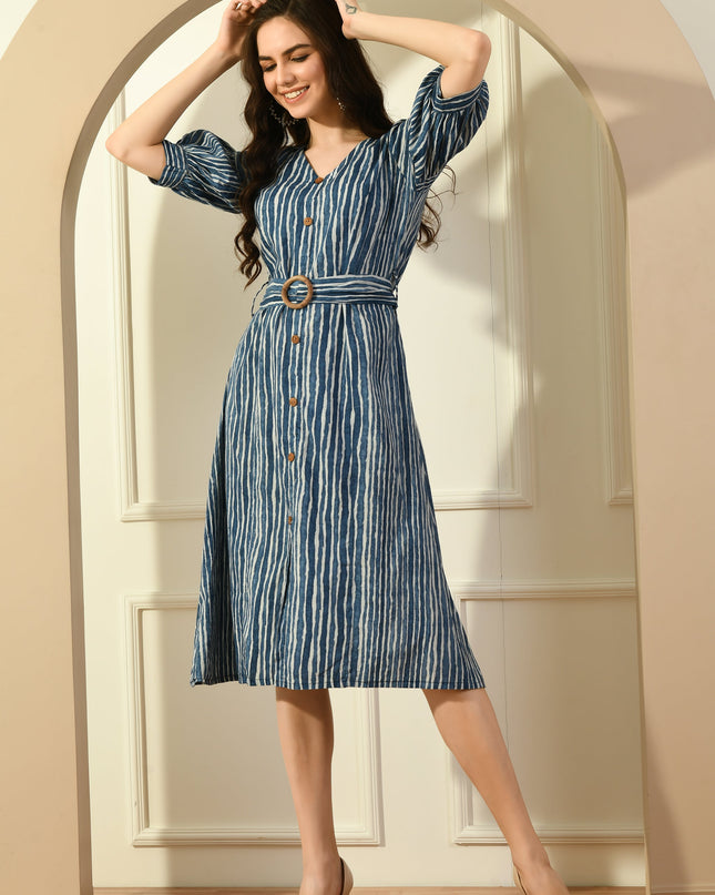 Stripe Puff Sleeve A-Line Dress for Women