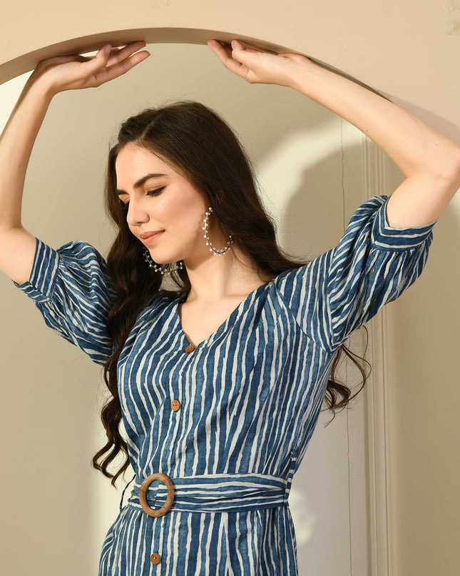 Stripe Puff Sleeve A-Line Dress for Women