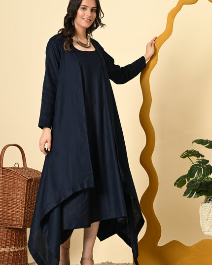 Midnight Linen Cowl Dress with High Low Jacket for Women