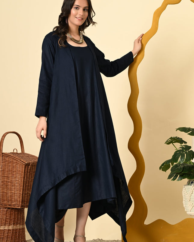 Midnight Linen Cowl Dress with High Low Jacket for Women