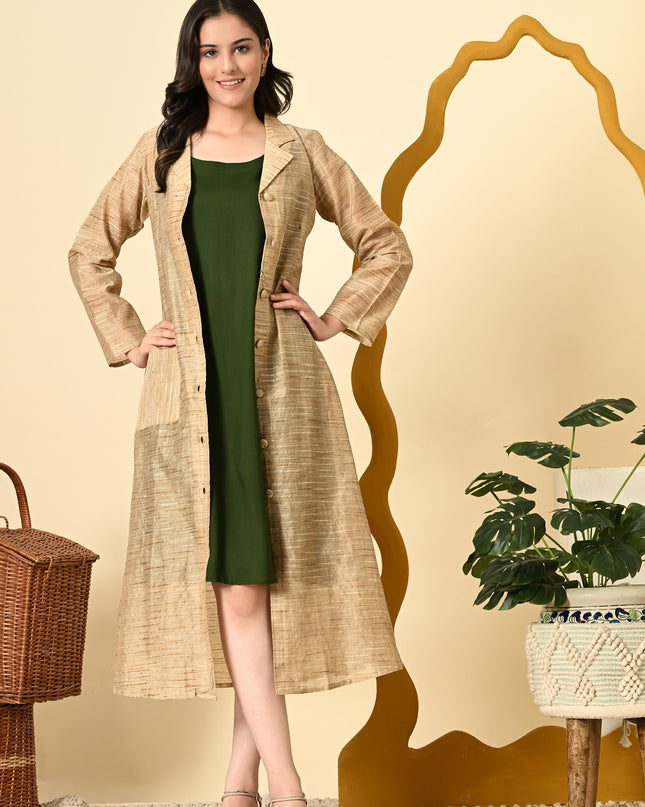 Green Indo Western Dress with Golden Jacket Co-ord Set