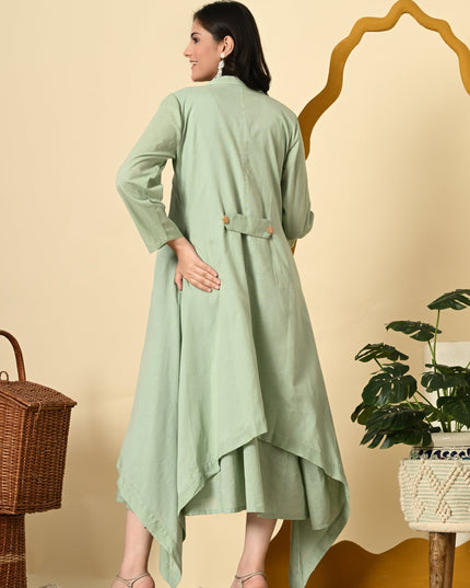 Pistachio Cowl Dress with High Low Jacket for Women