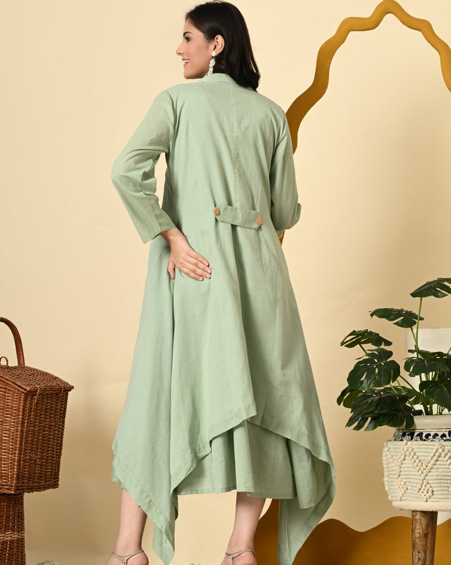 Pistachio Cowl Dress with High Low Jacket for Women