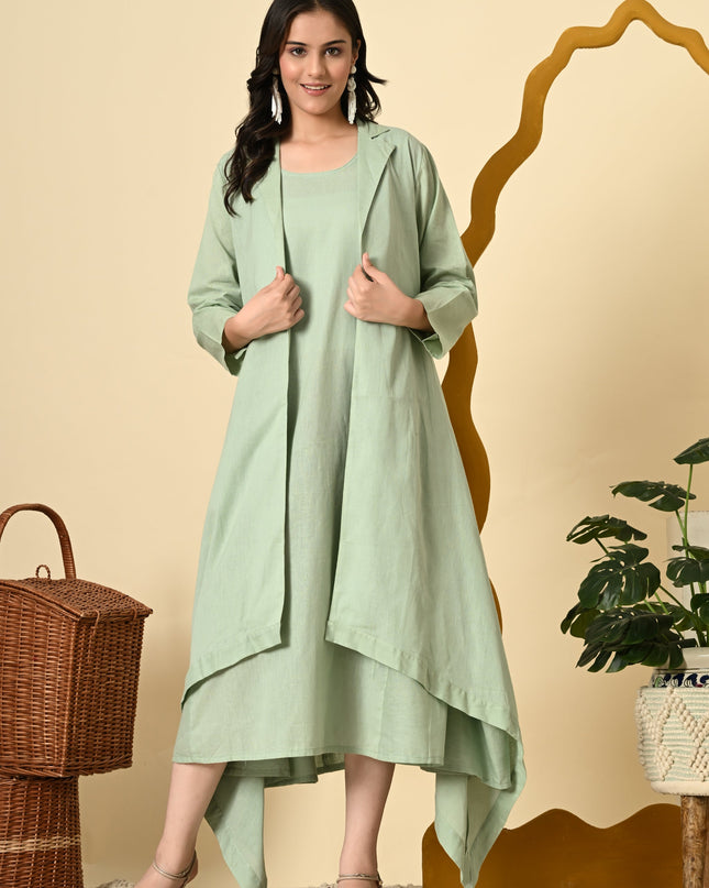 Pistachio Cowl Dress with High Low Jacket for Women