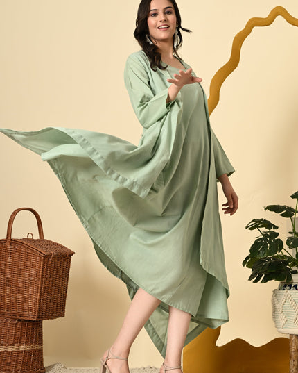 Pistachio Cowl Dress with High Low Jacket for Women